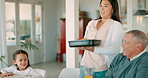 Thanksgiving, chicken and woman serving her family during a celebration together for bonding. Love, lunch or brunch with a mother bringing chicken to the dining room table during a holiday event