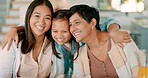 Face of mother, happy and kid with grandma in home, bonding and having fun together. Girl, grandmother and mom hug in portrait with care, smile and love, family relax and enjoy quality time in house.