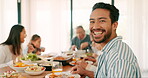 Smile, thanksgiving and a man with with his family eating food while bonding together in celebration. Love, lunch or brunch with the portrait of a father and relatives at the dining room table