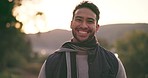 Hiking, nature and face of man with happiness for adventure, wellness or outdoor journey, travel or morning sunrise. Natural woods, happy and portrait person trekking for fitness, camping or exercise