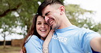 Happy couple, volunteer and laughing for selfie, photograph or vlog together in the nature outdoors. Portrait of man and woman smile for funny photo, memory or social media in teamwork at the park