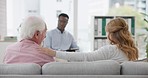 Senior, couple and therapy talk with psychologist for marriage consulting with advice and support. Communication, therapist and conversation with helping, listening and counselling for relationship
