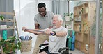 Senior man with disability, physiotherapist and stretching band for muscle rehabilitation, chiropractor service or help. Physical therapy, medical support or patient in wheelchair at recovery clinic