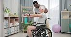 Man in wheelchair, physiotherapy and stretching band in muscle rehabilitation, chiropractor assessment or help. Physical therapy, medical exercise or senior patient with disability at recovery clinic