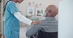 Senior man, wheelchair and support with nurse help and healthcare in retirement home. Caregiver, employee and elderly care with person with disability with patient ready for physiotherapy with man