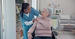 Nurse, retirement home and support woman with disability in wheelchair for medical trust, advice or wellness. Nursing, caregiver and talking to patient for rehabilitation, healthcare and help service