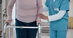 Nurse, hands or senior woman walking with walker for support, elderly care or old age movement disability. Retirement home volunteer, charity or closeup caregiver helping patient with disabled moving