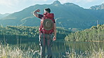 Walking, hiking or man on in nature adventure to explore outdoors for camping on holiday vacation. Traveller, view or back of hiker with backpack equipment for travel, break or journey by mountains 