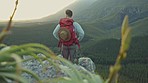 Travel, view and a man hiking in the mountains for freedom or adventure alone in the outdoor wilderness. Back, nature and journey with a male hiker or tourist at the summit in a forest to explore