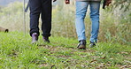 Feet, legs and people hiking in forest with nature and fitness, travel and explore outdoor. Exercise, hiker team and shoes with active life, adventure in the woods and trekking, freedom and journey