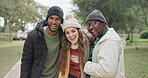 Diversity, happy friends and laughing for fun bonding, socializing or funny humor together in the park. Group portrait of diverse people laugh and smile for social friendship in the nature outdoors