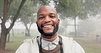 Face, selfie or happy black man in nature for camping, blog or post on social media app for adventure. Portrait, influencer or person with smile, profile picture or photography in forest outdoors 