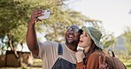 Interracial, couple and selfie, camping in nature with happiness and social media post with friends. Live streaming, peace hand sign and memory, black man and woman outdoor with smile in picture