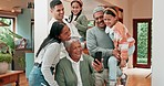 Selfie, video call and a big family laughing in a house for social media, communication or a meme. Happy, talking and parents, grandparents and children taking a photo or streaming from a phone