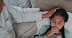 Sick, cough and parent with child in bed for sick, virus or infection symptoms at home. Family, childcare and hands of mother with girl in bedroom to check temperature for cold, fever and influenza