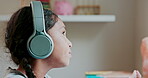 Children, face and headphones with a student girl distance learning during remote home schooling in her bedroom. Kids, education and thinking with a young female child listening to an online lesson