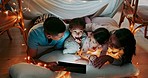 Night, bedroom and family with a tablet,  streaming a movie and happiness with bonding, relax or quality time. Technology, children or parents on bed, film or social media with mother, father or kids