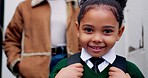 Girl, face and first day of school with smile, excited or start for education, goal or future with mom in background, Kid, pride and happy for learning with uniform, backpack and portrait in morning