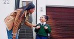 Care, happy and a child greeting a mother in the morning for school and leaving with father. Smile, love and a young mom talking to a girl kid for education and kindergarten with a dad at a house