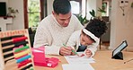 Dad, girl child and learning for drawing, assessment or help with color for homework, desk or family home. Education, father and kid with pencil, writing or paper for test, development and teaching