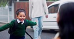 Happy, hug and a child with mother after school, excited to be home and talking together. Smile, family and a mom with care for a girl kid after kindergarten with father in the street or neighborhood