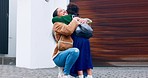 Arrive home, girl student hugging her mama outdoor after school education or learning for child development. Family, love and a happy female kid running to greet her mother at the door of a house