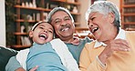 Child, grandparents and laughing on home sofa to relax, bond and quality time together. A happy senior man, woman and a girl child in family living room for funny memory with happiness, love and care