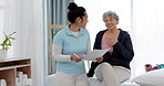 Physiotherapy, senior woman and healthcare consultation, physical therapy advice and results on documents. Physiotherapist, chiropractor or medical person writing or check elderly patient information