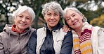 Senior, women and friends face in park with bonding and retirement smile in a garden. Nature, portrait and hug with elderly female people on vacation in woods feeling happy from bonding and freedom