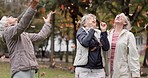 Senior women, friends and throw leaves for comic game, playing or happy together in park for celebration. Group, old people and retirement in nature for funny memory, autumn party or playful in woods