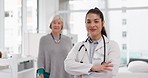 Face, happy or doctor with elderly patient in consultation for healthcare advice or checkup at hospital. Portrait, smile or proud medical worker with old woman in appointment for medicare at clinic