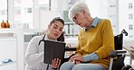 Tablet, results or doctor with old woman In wheelchair or consultation for healthcare in hospital clinic. Technology, appointment or medical worker talking to an elderly person with a disability