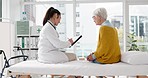 Writing, doctor or old woman in hospital speaking of medical information or healthcare history for help. Medical, report or nurse with prescription, checklist or notes on clipboard for senior patient