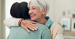 Happy senior woman, hug and elderly care for thank you, gratitude or support for caregiver at home. Mature female person or patient embracing medical or healthcare worker in trust, happiness or house