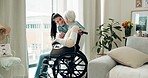 Woman, nurse and wheelchair in elderly care for support, trust or healthcare service in old age home. Female person or caregiver talking to mature patient or person with a disability in retirement