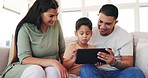 Tablet, family and happy on a sofa in home living room, bonding together and streaming movie, online video or film. Mother, father and child on couch with technology for learning, internet or web app