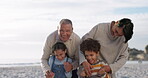Grandparents, children and happy family at beach for fun vacation, holiday or adventure. Senior man, woman and kids playing together at ocean for quality time with love and care outdoor in nature