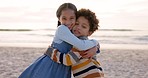 Kids, brother and sister with hug, beach and smile on face for love, care or bonding on summer holiday. Happy family embrace, boy and girl on vacation, adventure or outdoor by ocean sand for portrait