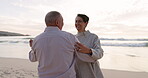 Dancing, beach and senior couple outdoor at sunset for love, care and quality time on travel. Happy man and woman together at ocean for retirement holiday, fun adventure or vacation in nature