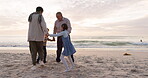 Grandparents, children and playing together at beach on fun vacation, holiday or sunset adventure. Senior man, woman and kids in circle at ocean for quality time with love and care outdoor in nature