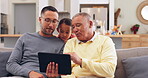 Tablet, father and grandpa with a girl running to a sofa in the living room during a family visit in the home. Technology, children or a daughter looking at technology with her parent and grandparent