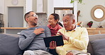 Tablet, girl running to scare her father and grandpa while on a sofa in the home living room during a family visit. Technology, kids or boo with a daughter giving her dad and grandfather a fright