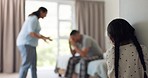 Parents, fighting and girl in a family home listening to mom and dad with marriage problem and issue. Back, scared and sad young child in a house hearing yelling and anger talk of divorce conflict