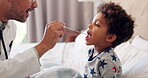 Bed, swab and doctor, sick child and check mouth, tongue or saliva for flu, covid 19 or fever symptoms. Bedroom oral test, kid medical exam and healthcare person analysis in home consultation service