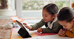 Tablet, online learning and children search internet doing homework together or homeschooling for learning and development. Education, digital and kids in a virtual class for elearning on a website