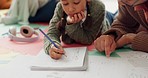 Girl kid, father and homework on floor, writing or helping hand for for education, teaching or support. Dad, young child and advice for math assessment, learning or studying with book in family home