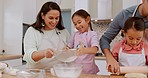 Kitchen, flour and happy family kids baking dessert, food or prepare recipe ingredients with support help from Brazil parents. Teach, chef and home father, mother and children learning cooking skills