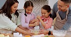 Kitchen, stir and happy family children baking dessert, food or prepare recipe, mix ingredients and have fun learning. Helping, bowl and home father, mother or parents teaching cooking to kid sisters