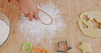 Heart, flour and hands baking shape love symbol or sign on kitchen table or counter while cooking dessert in a home. Child, learning and parent help or teaching kid to make cookies as support