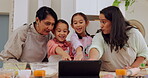 Home kitchen, tablet and happy family baking, streaming tutorial or watch online video on dessert, food or recipe ingredients. Child development, listening to web guide or young kids learning cooking